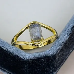 Authentic Labradorite Baguette 18K Gold Plated Ring Minimalist Promise for Her Jewelr