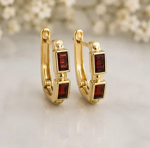Authentic 4Ct Baguette Cut Simulated Garnet Women's Hoop Earrings 14K Yellow Gold Plated