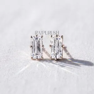 Authentic VVS Baguette Moissanite Stud Earrings 14K Gold Plated 925 Sterling Silver