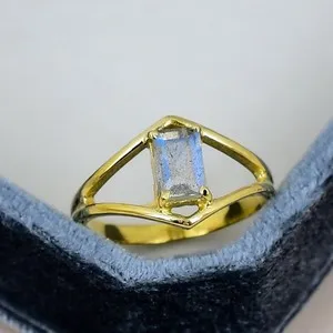 Authentic Borealis Shimmer Labradorite Ring - 18K Gold Plated Mystic Baguette Talisman