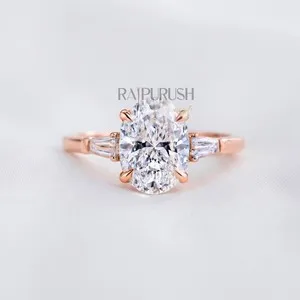 Authentic Oval Cut Moissanite Engagement Ring 3Stone Tapered Baguette Side 925 Silver Band