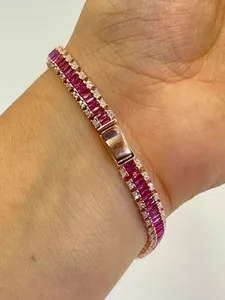Authentic 10Ct Baguette Cut Lab Created Ruby& Diamond Tennis Bracelet 14K Gold Plated 8"