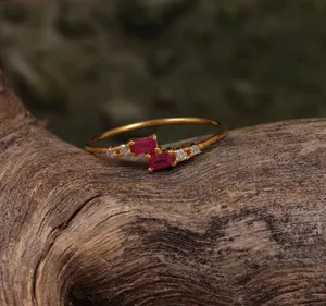 Authentic Baguette Ruby Dainty Stackable Open Ring 925 Sterling Silver Gold Plated Jewelry