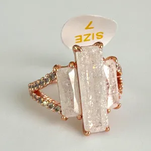 Authentic Rose Gold Plated Baguette Crystal Cocktail Ring - Prong Set Rectangle - Size 7