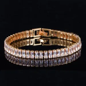 Authentic Sparkly Gold Plated Baguette Cubic Zirconia Tennis Bracelet Women Bridal Jewelry
