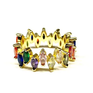 Authentic Baguette Gold Plated Zircon Multi-Color Gemstones Adjustable Ring