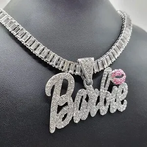 Authentic Gold Plated Large Barbie Pendant & Iced Baguette Cubic Zirconia Chain Necklace