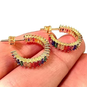 Authentic Rainbow CZ Hoop Earrings 20mm Gold Plated Baguette 4mm Thick