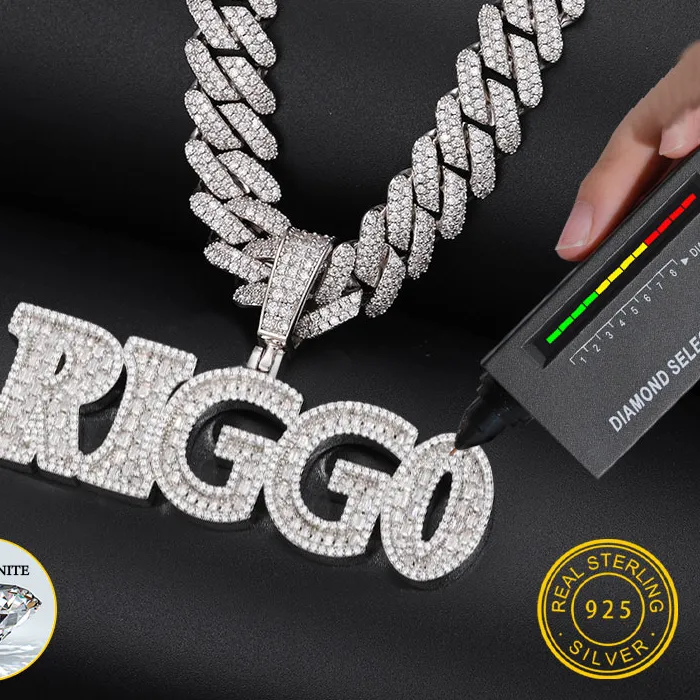 Authentic Silver 925 Full Moisanite Baguettes Letter Pendant Chains for Men Bling Custom Name Necklace Classic Fine Jewelry