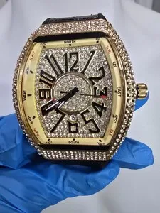 Authentic 45mm Gold Plated VVS CZ Watch Black Leather Band Mechanical Large Case.