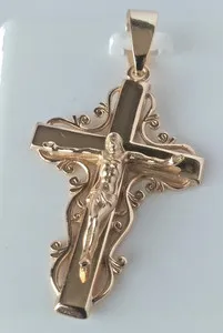 Authentic Gold Plated Polished 925 STERLING SILVER RELIGIOUS Cross CRUCIFIX Pendant 45mm