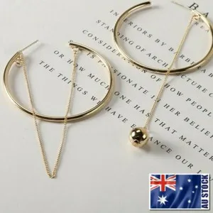 Authentic 18K Yellow Gold Plated 45mm Round Hoop Ball Bead Drop Stud Earrings Silver Stems