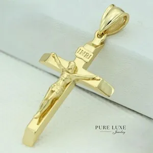 Authentic Women's Sterling Silver 925 JESUS CROSS 45mm Pendant Gold Plated*Box