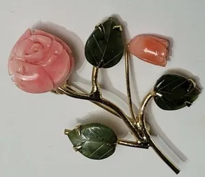 Authentic Vintage 45mm Gold Plated Genuine Carved Rose Angel Skin Coral & Jade Brooch Pin