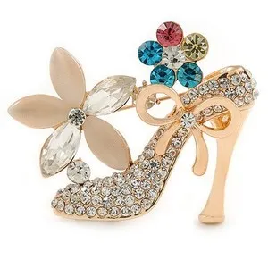 Authentic Gold Plated Crystal Shoe with Flowers Brooch - 45mm