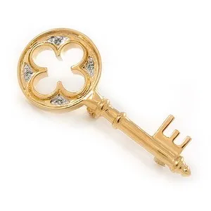 Authentic Medium Gold Plated Crystal Key Brooch - 45mm L