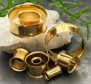 Authentic PAIR Gold Plated Double Flare Tunnels Ear Plugs Earlets Gauges