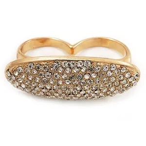 Authentic Gold Plated Pave Set Clear Austrian Crystal 'Shield' Double Finger Ring - 45mm
