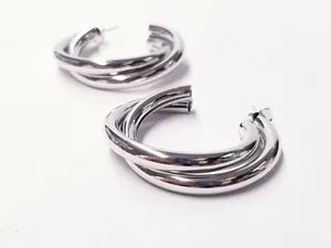 Authentic S tonn 18k White Gold Plated Twisted 4mm Tube Silver Hoop Earrings 45mm Dia
