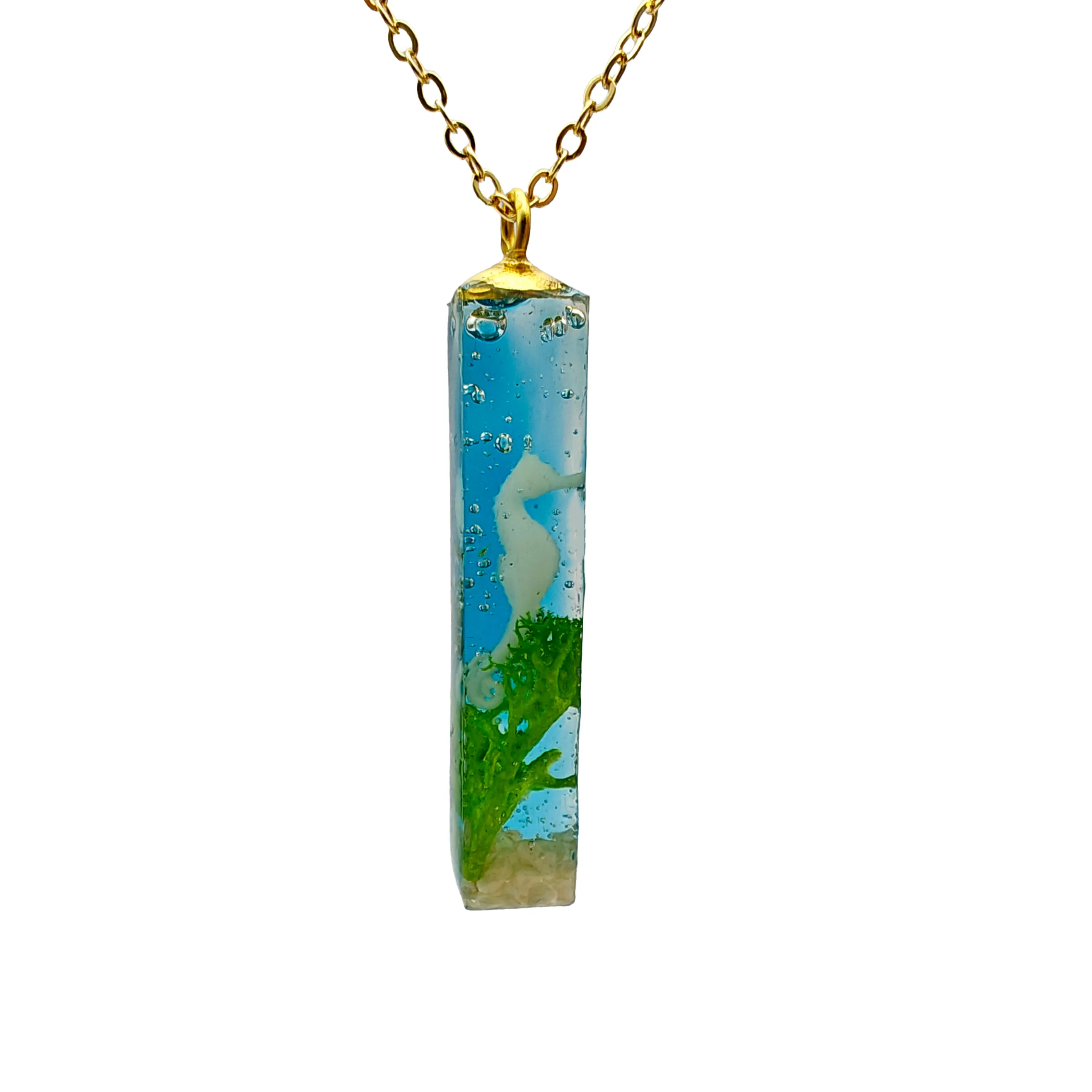 Authentic Seahorse 3D Hippocampus Blue Ocean Sea Cube Resin Gold Color Pendant Chain Long Necklace Women Boho Jewelry Handmade