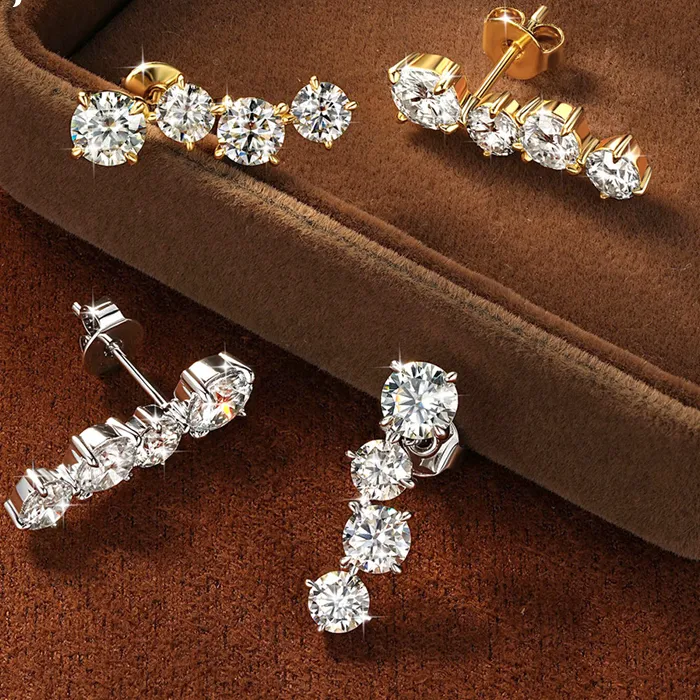 Authentic Rrjzz 5mm&4.5mm&4mm 4 Stone D-Color Moissanite Climber Stud Earrings Hypoallergenic Charms Women Earrings Birthday Jewelry Gifts