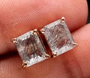 Authentic Natural Black Rutile Octagon Stud Earrings Rose Gold Fill Solid Silver Jewelry