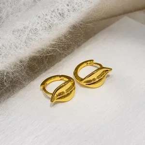 Authentic 18K Gold Plated Leaf Huggie Hoop Earrings Chunky Statement Leaf Earrings A32