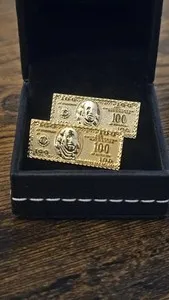 Authentic 10k Gold Plated Hundred Dollar Bill Stud Earrings Mens Womens Hiphop