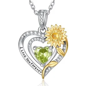 Authentic Heart Necklaces for Women 14K Gold Plated Peridot Birthstone Pendant, Sunflow...