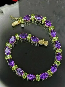 Authentic 12 Ct Oval Cut Amethyst Peridot 14K Yellow Gold Plated Women's Tennis Bracelet