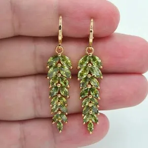 Authentic 3Ct Marquise Cut Real Green Peridot Drop/Dangle Earrings 14K Yellow Gold Plated