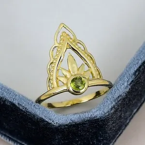 Authentic Peridot Art Deco Ring 18K Gold Plated August Birthstone Leaf Statement Ring