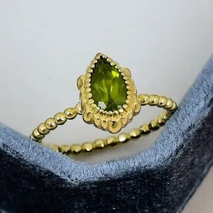 Authentic Peridot Pear Beaded 18K Gold Plated Ring Minimalist for Her Jewelry