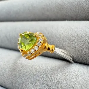 Authentic 925 Sterling Silver Ring Heart 5mm Green Natural Peridot Zircon 14K Gold Plated
