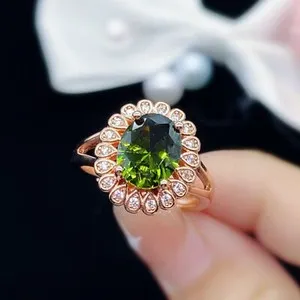 Authentic 14K Rose Gold Plated Adjustable Crystal Green Peridot Ring for Women,Gifts