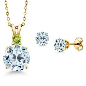 Authentic 18K Yellow Gold Plated Silver Sky Blue Topaz and Peridot Pendant Earrings Set