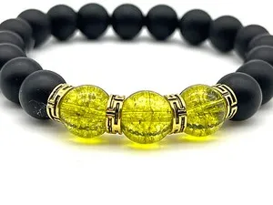 Authentic Matte Onyx, Peridot & Gold Plated 10mm Gemstone Beaded Harmony Bracelet