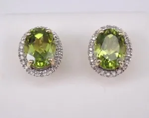 Authentic 3Ct Oval Cut Lab-Created Green Peridot Halo Stud Earrings 14K Yellow Gold Plated