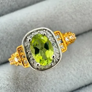 Authentic 925 Sterling Silver Ring 6x4mm Natural Peridot Zircon 14K Gold Plated Birthstone