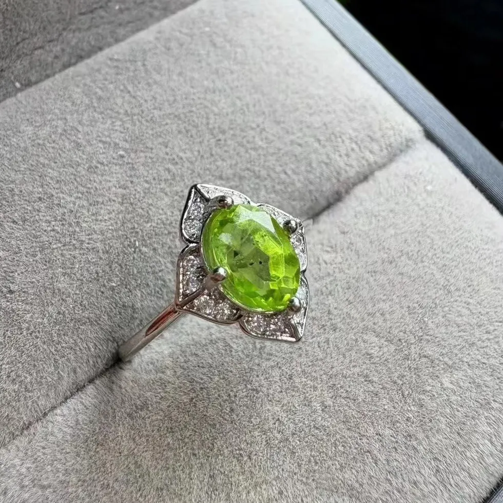 Authentic 1 Pc Fengbaowu Natural Peridot Ring 5X7Mm Faceted Oval Shape Reiki Healing Stone Jewelry