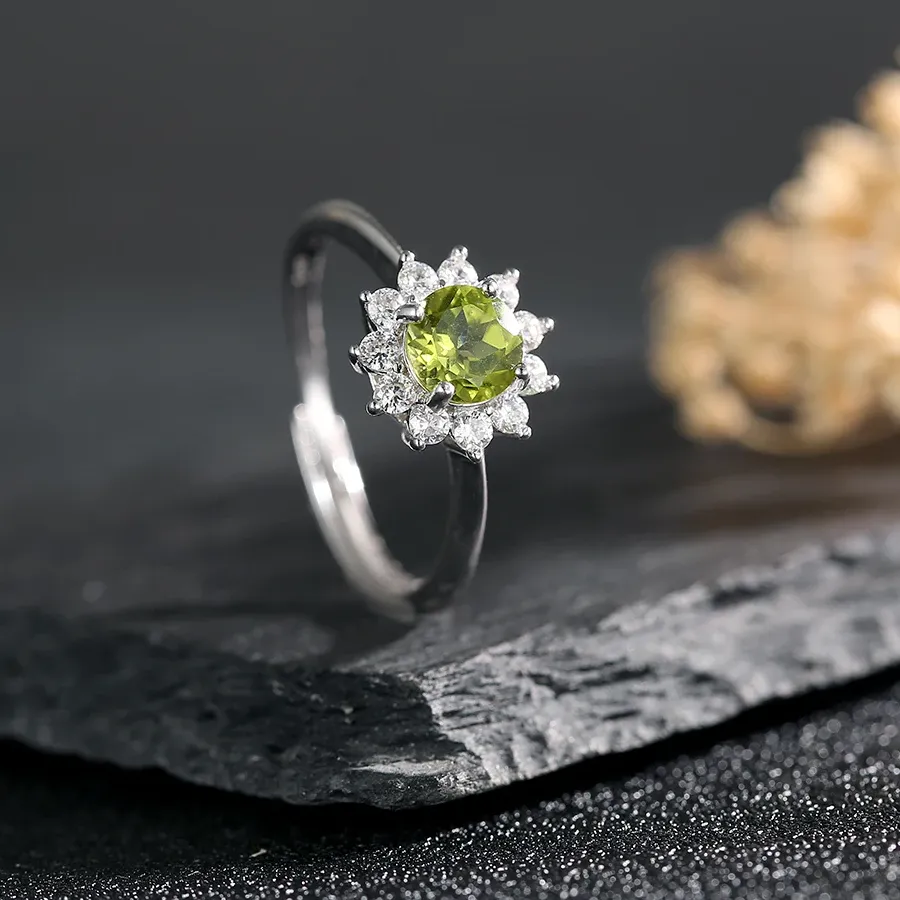 Authentic Adjustable S925 Silver Women's Ring 6.5mm Round Natural Peridot Gemstone Sunflower Shaped Wedding Bands Bohemian Jewelry Gifts