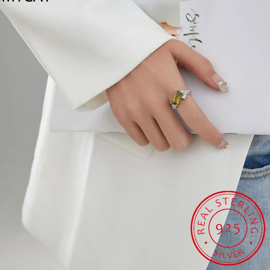 Authentic Emerald Cut Natural Green Peridot 925 Sterling Silver Irregular Texture Adjustable Ring for Women Gemstone Statement Jewelry