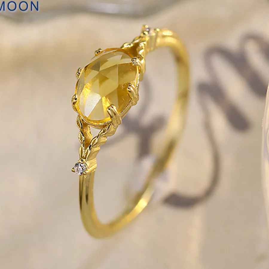 Authentic LAMOON Natrual Gemstone Citrine Ring For Women Retro Elegant 925 Sterling Silver Gold Plated Fine Jewelry Wedding Accessories