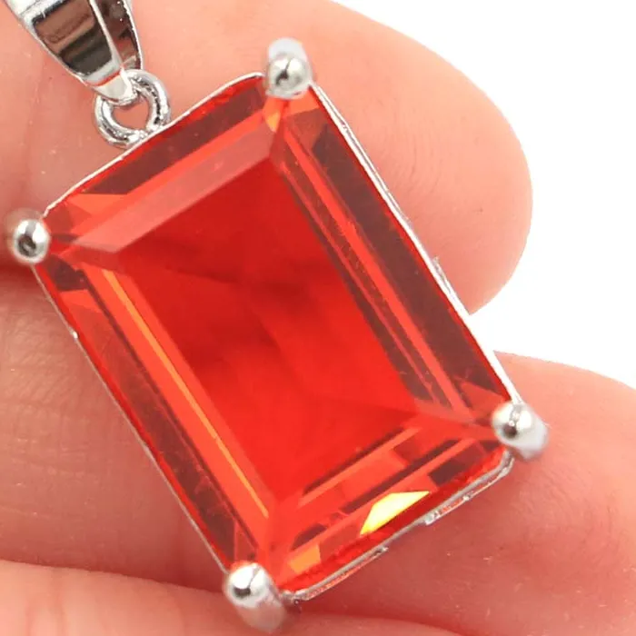 Authentic Buy 4 Get 1 Free 23X13Mm Big Rectangle Gemstone Orange Spessartine Garnet Aquamarine London Blue Topaz Silver Pendant