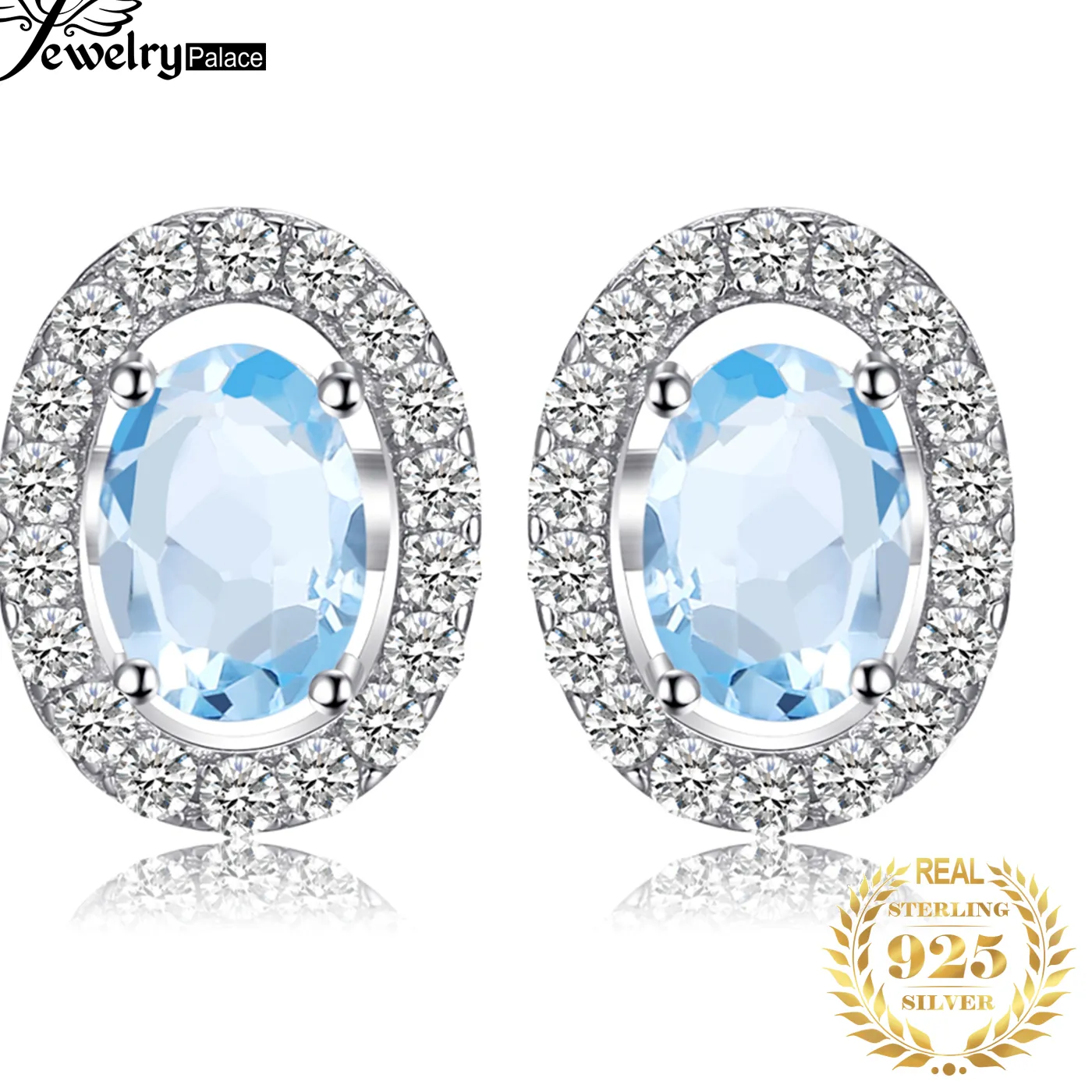 Authentic JewelryPalace Oval 1ct Natural Sky Blue Topaz 925 Sterling Silver Stud Earrings for Women Gemstone Jewelry Party Gifts