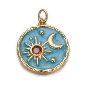 Authentic 1PC 18K Gold Plated Crescent Moon Sunburst Charm Pendant CZ Enamel 18X22mm GYJ79