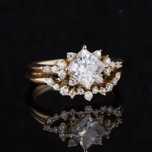 Authentic 14K Yellow Gold Plated Cluster Ring Set 1Ct Princess Moissanite Engagement Ring