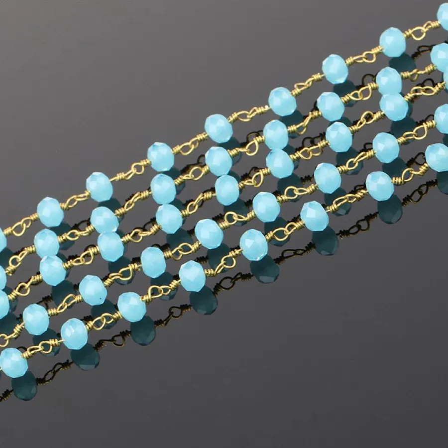 Authentic Mankuu 5Meter DIY 4x6mm Wire Wrapped Rosary Chain Faceted Blue Crystal Quartz Beads For Necklace Bracelet Handmake