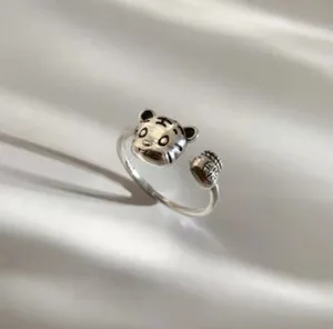 Authentic Tiny Silver Lovely Tiger & Money Bag White Gold Plated Adjustable Band Ring