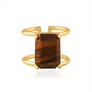 Authentic Natural Brown Tiger' Eye Double Layer Gold Plated Prong Vintage Adjustable Ring